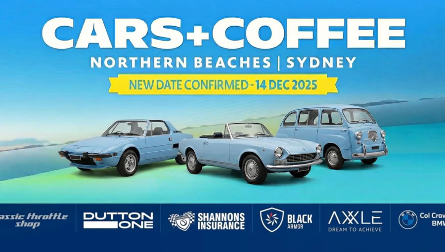 A promotional image for "Cars + Coffee" in Northern Beaches, Sydney, featuring three vintage blue cars on a gradient blue and green background with sponsor logos at the bottom.