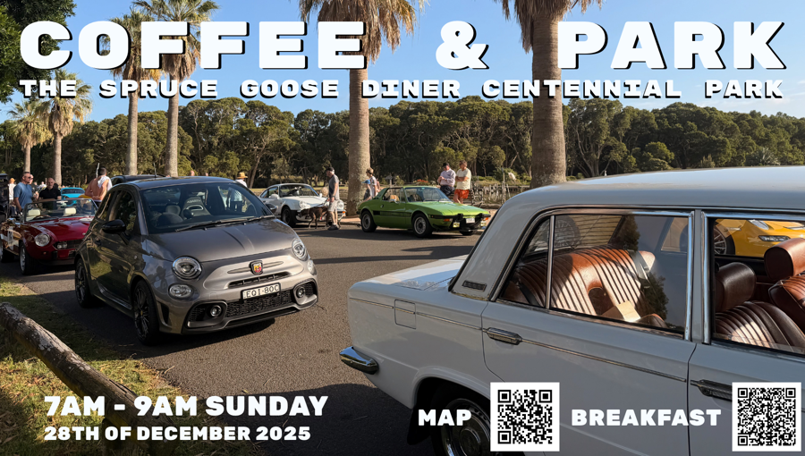Cars parked along a road lined with palm trees, with people visible inside a white car in the foreground. Text overlay reads "Coffee & Park" with event details and QR codes.