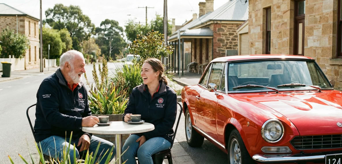 Two friendly Fiat Club members, one older and one younger, laughing and chatting while having coffee next to a classic red Fiat 124 Spider on an Australian street. 