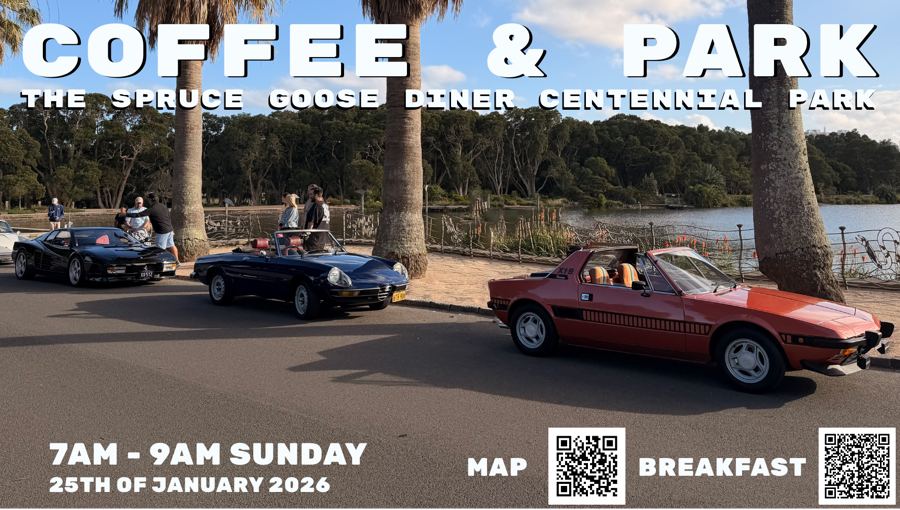 Cars parked along a road lined with palm trees, with people visible inside a white car in the foreground. Text overlay reads "Coffee & Park" with event details and QR codes.