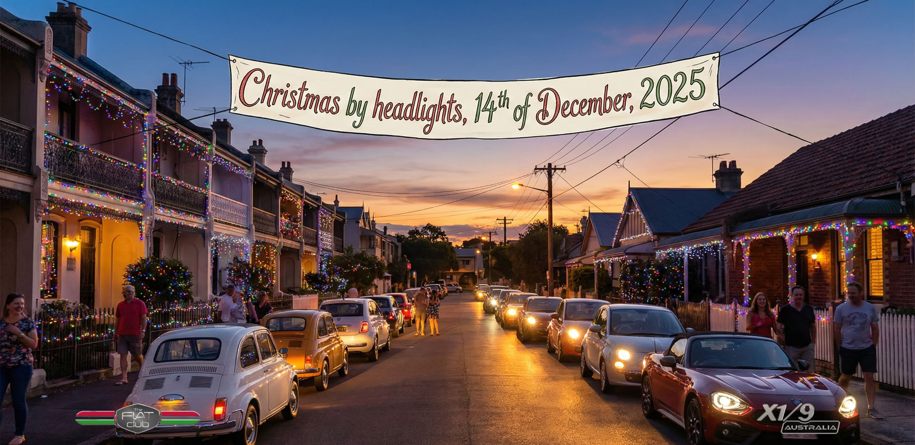 Christmas by Headlights 2025 - a festive car club cruise touring Christmas light displays starting in North Parramatta.