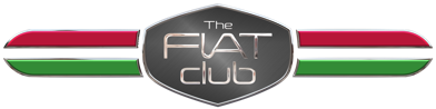 Logo with a central black shield featuring the text "The Fiat Club," flanked by horizontal red, white, and green stripes.
