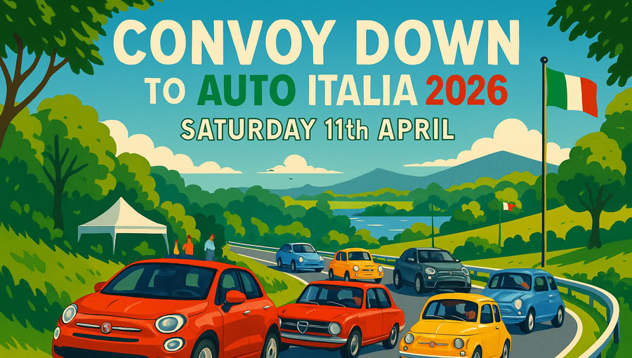 A promotional image for "Cars + Coffee" in Northern Beaches, Sydney, featuring three vintage blue cars on a gradient blue and green background with sponsor logos at the bottom.