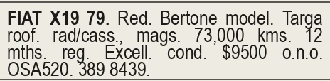 A 1988 Sydney classified advertisement for a Fiat X1/9, as reproduced in the archive