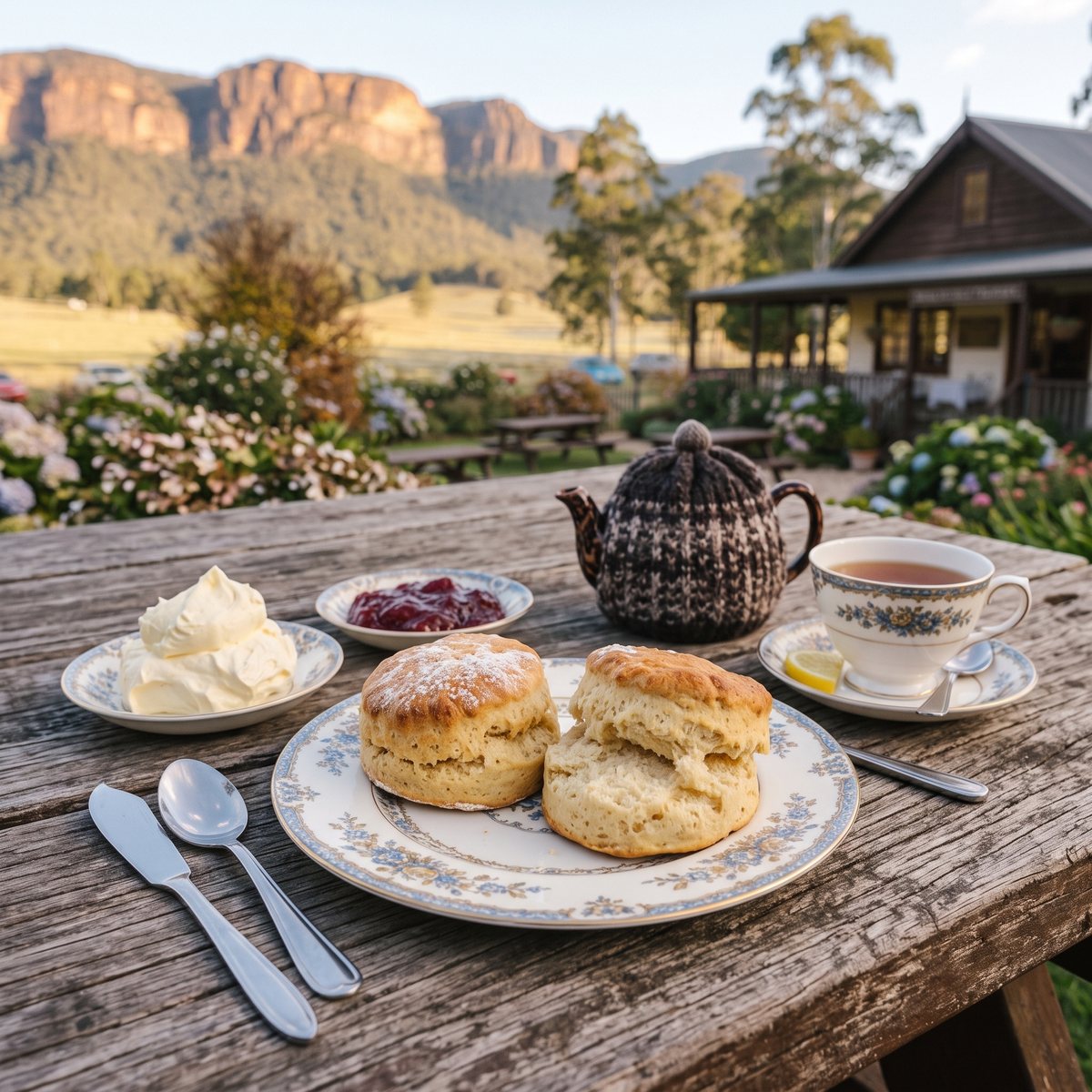 Scones with jam and cream and a pot of tea